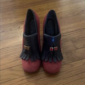 Tory Burch Red Suede Loafers with Black Leather Fringe and Gold Hardware
